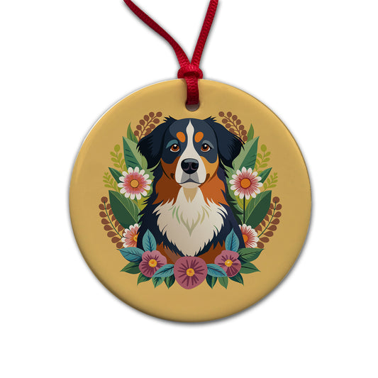 Bernese Mountain Dog Floral Flowers Round Ceramic Holiday Christmas Tree Ornament