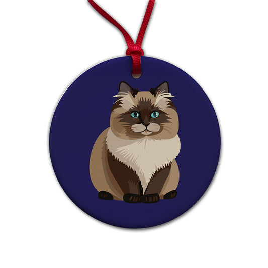 Birman Cat Sitting Round Ceramic Holiday Christmas Tree Ornament