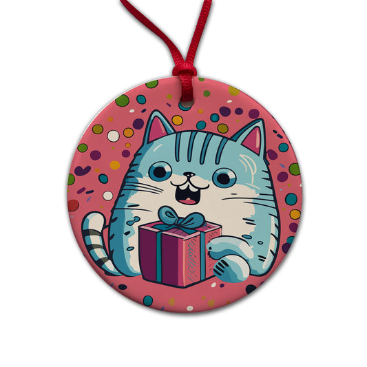 Birthday Cat Blue Funny Round Ceramic Holiday Christmas Tree Ornament