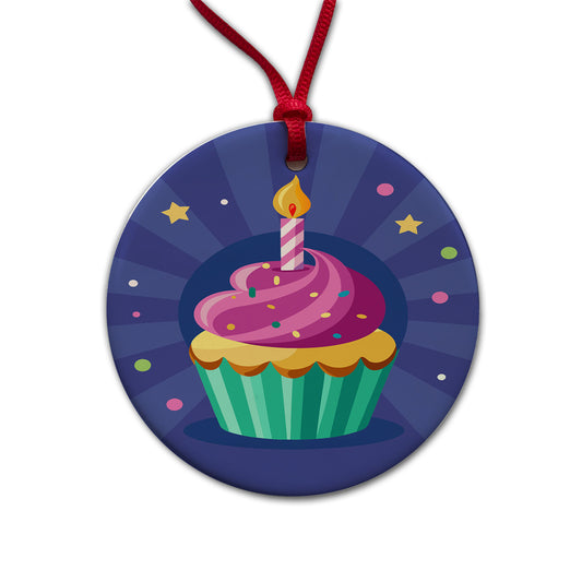 Birthday Cupcake with Candle Round Ceramic Holiday Christmas Tree Ornament