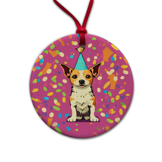 Birthday Dog Confetti Background Round Ceramic Holiday Christmas Tree Ornament
