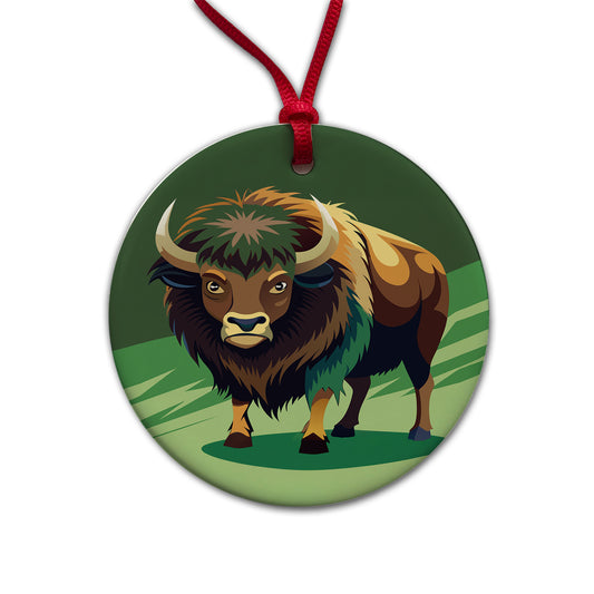 Bison Staring Round Ceramic Holiday Christmas Tree Ornament