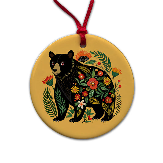 Black Bear Floral Motif Round Ceramic Holiday Christmas Tree Ornament