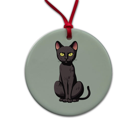 Black Bombay Cat Sitting Round Ceramic Holiday Christmas Tree Ornament