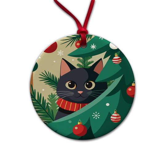 Black Cat Hiding in Christmas Tree Round Ceramic Holiday Christmas Tree Ornament