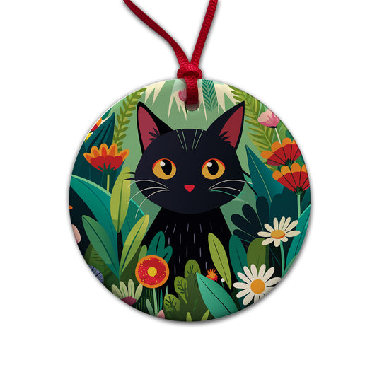 Black Cat Hiding in Flower Garden Round Ceramic Holiday Christmas Tree Ornament