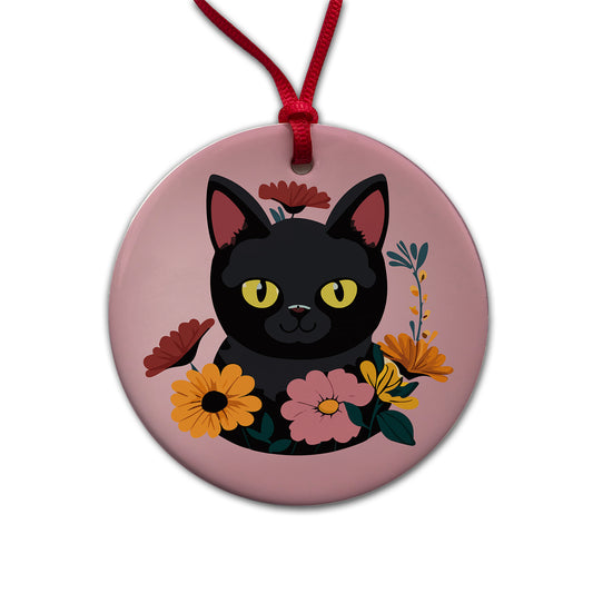 Black Cat in Flowers Round Ceramic Holiday Christmas Tree Ornament