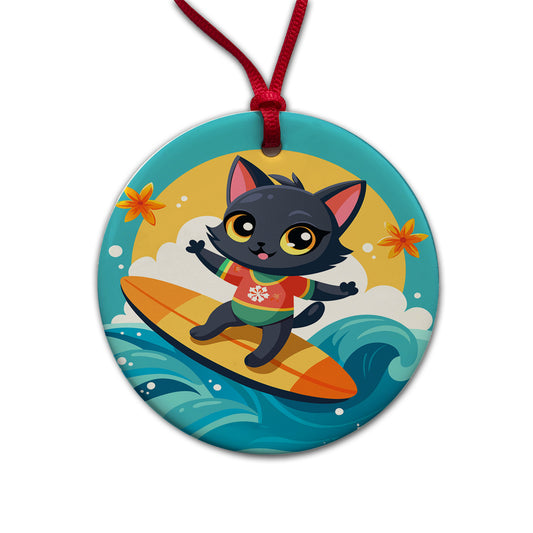 Black Cat Kitty Girl Surfing Round Ceramic Holiday Christmas Tree Ornament