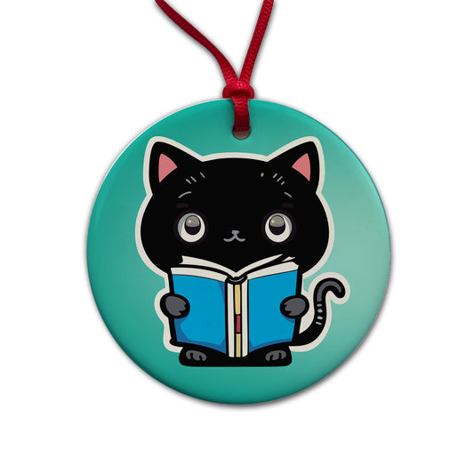 Black Cat Reading Book Round Ceramic Holiday Christmas Tree Ornament
