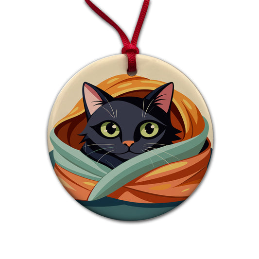 Black Cat Snuggling in Blanket Round Ceramic Holiday Christmas Tree Ornament