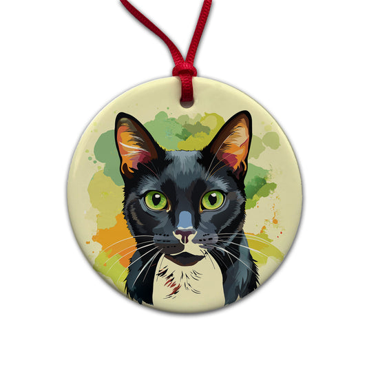 Black Cat Watercolor Round Ceramic Holiday Christmas Tree Ornament