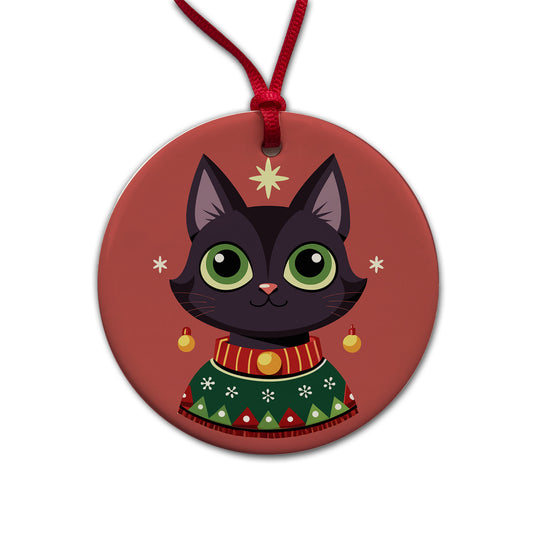 Black Cat Wearing Christmas Sweater Round Ceramic Holiday Christmas Tree Ornament