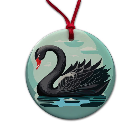 Black Swan Swimming Round Ceramic Holiday Christmas Tree Ornament