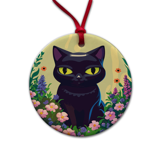 Black White Cat in Flower Garden Round Ceramic Holiday Christmas Tree Ornament