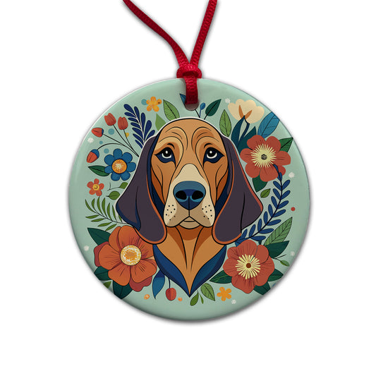 Bloodhound Dog Floral Flowers Round Ceramic Holiday Christmas Tree Ornament