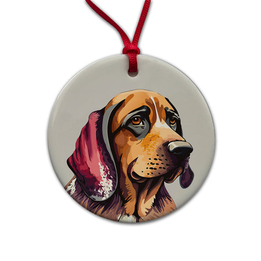 Bloodhound Dog Watercolor Round Ceramic Holiday Christmas Tree Ornament