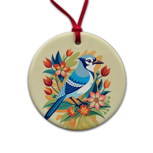 Blue Jay Floral Flowers Round Ceramic Holiday Christmas Tree Ornament