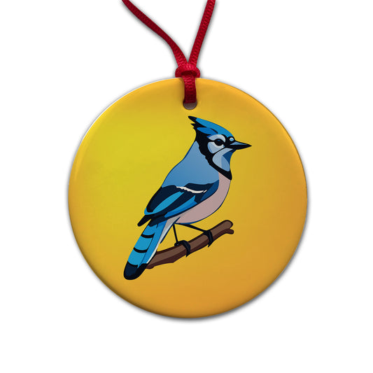 Blue Jay on Branch Round Ceramic Holiday Christmas Tree Ornament