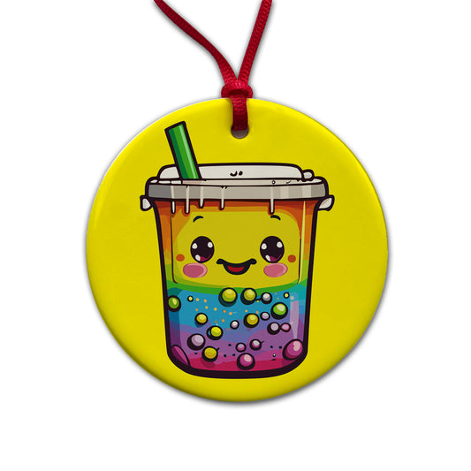 Boba Bubble Tea Rainbow Cute Round Ceramic Holiday Christmas Tree Ornament