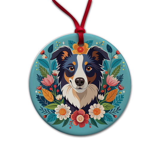 Border Collie Dog Floral Flowers Round Ceramic Holiday Christmas Tree Ornament