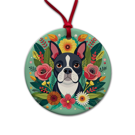 Boston Terrier Dog Floral Flowers Round Ceramic Holiday Christmas Tree Ornament
