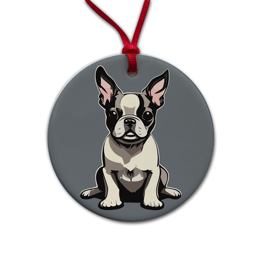 Boston Terrier Dog Sitting Round Ceramic Holiday Christmas Tree Ornament