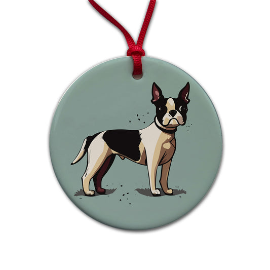 Boston Terrier Dog Standing Round Ceramic Holiday Christmas Tree Ornament