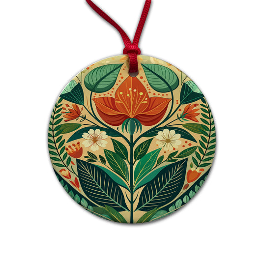 Botanical Floral Art Nouveau Design Round Ceramic Holiday Christmas Tree Ornament
