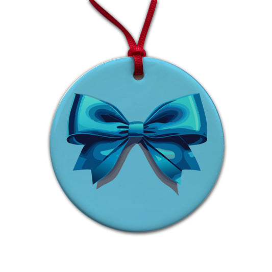 Bow Cheerleading Coquette Blue Round Ceramic Holiday Christmas Tree Ornament