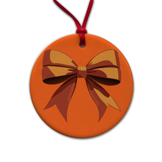 Bow Cheerleading Coquette Orange Round Ceramic Holiday Christmas Tree Ornament