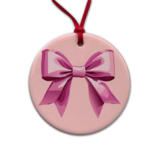 Bow Cheerleading Coquette Pink Round Ceramic Holiday Christmas Tree Ornament