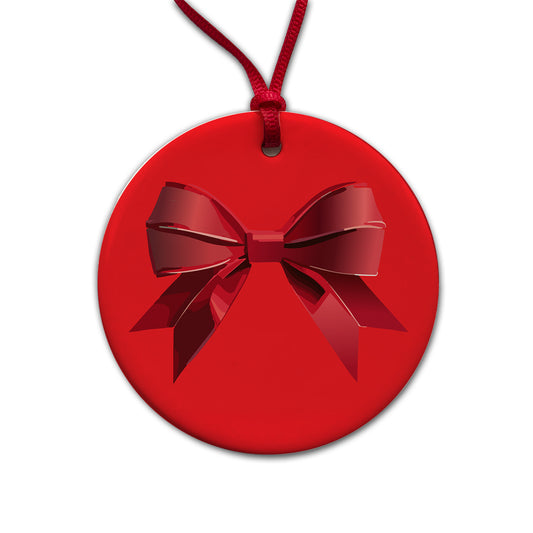 Bow Cheerleading Coquette Red Round Ceramic Holiday Christmas Tree Ornament