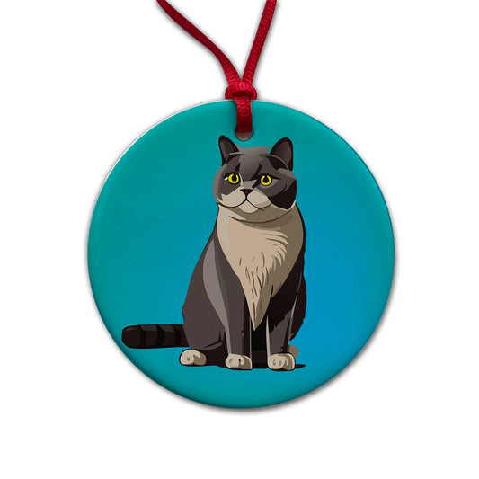 British Shorthair Cat Sitting Round Ceramic Holiday Christmas Tree Ornament