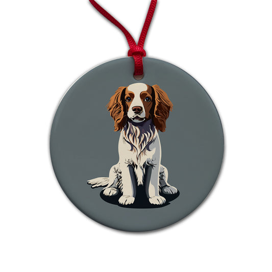 Brittany Spaniel Dog Sitting Round Ceramic Holiday Christmas Tree Ornament
