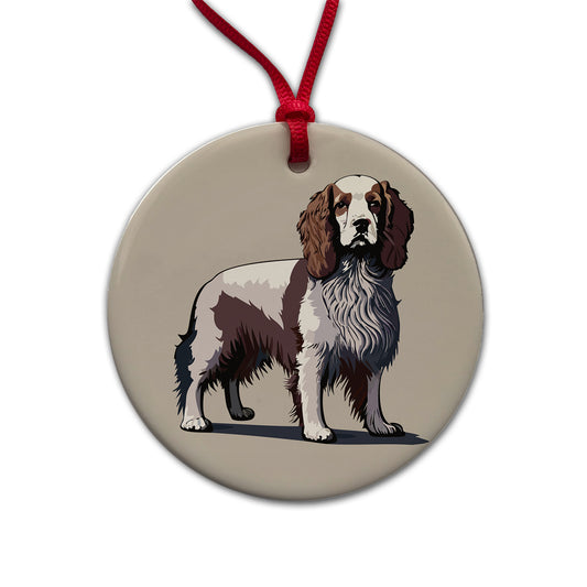 Brittany Spaniel Dog Standing Round Ceramic Holiday Christmas Tree Ornament