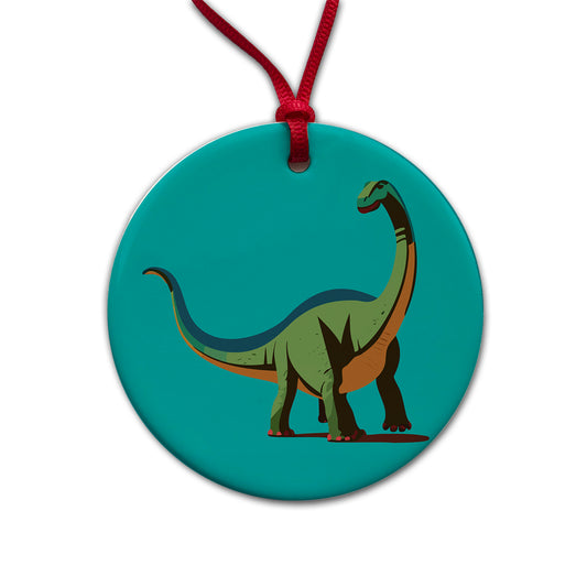 Brontosaurus Dinosaur Round Ceramic Holiday Christmas Tree Ornament