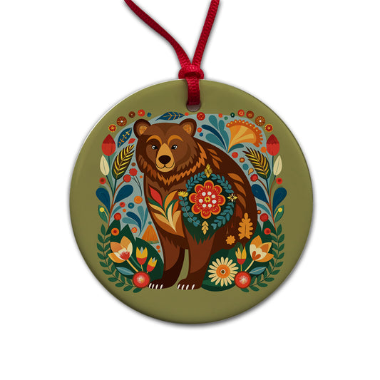 Brown Bear Floral Motif Round Ceramic Holiday Christmas Tree Ornament