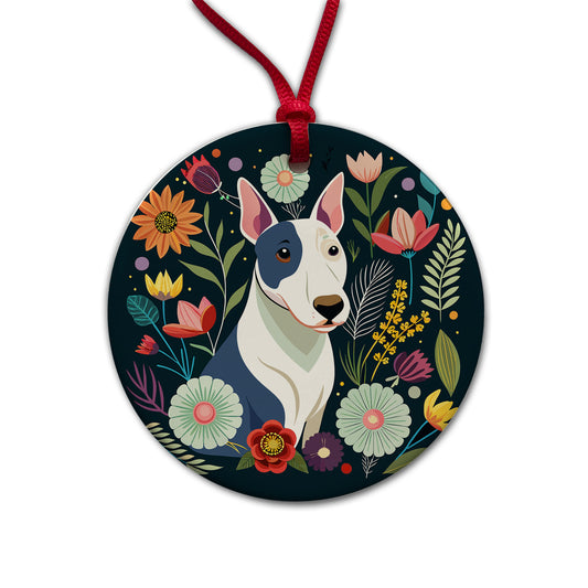 Bull Terrier Dog Floral Flowers Round Ceramic Holiday Christmas Tree Ornament