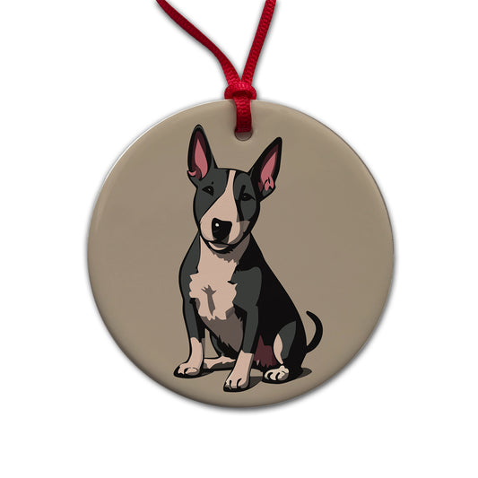 Bull Terrier Dog Sitting Round Ceramic Holiday Christmas Tree Ornament
