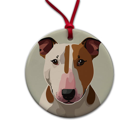 Bull Terrier Dog Staring Round Ceramic Holiday Christmas Tree Ornament