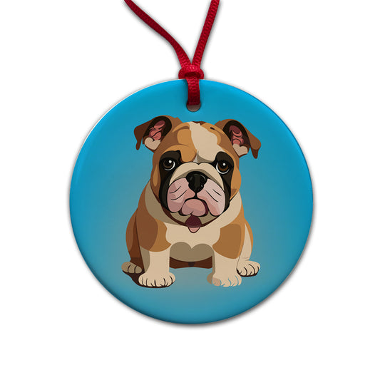 Bulldog Cute Dog Sitting Round Ceramic Holiday Christmas Tree Ornament
