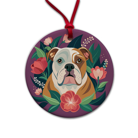 Bulldog Dog Floral Flowers Purple Background Round Ceramic Holiday Christmas Tree Ornament