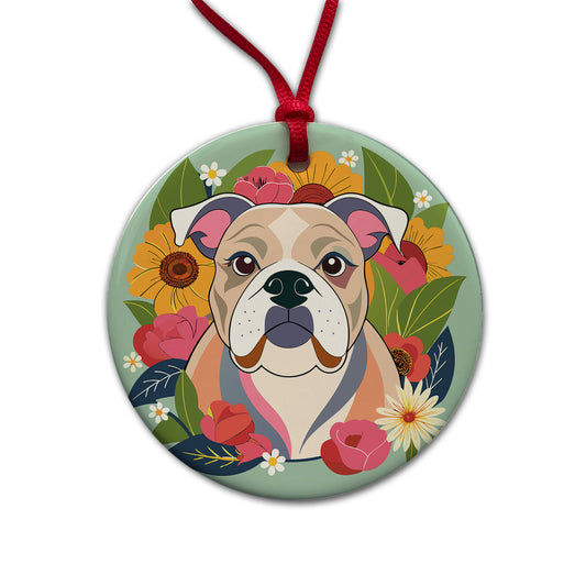 Bulldog Dog Floral Flowers Round Ceramic Holiday Christmas Tree Ornament