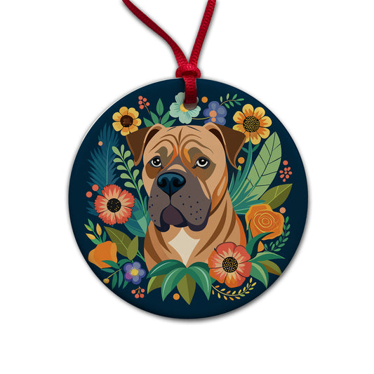 Bullmastiff Dog Floral Flowers Round Ceramic Holiday Christmas Tree Ornament