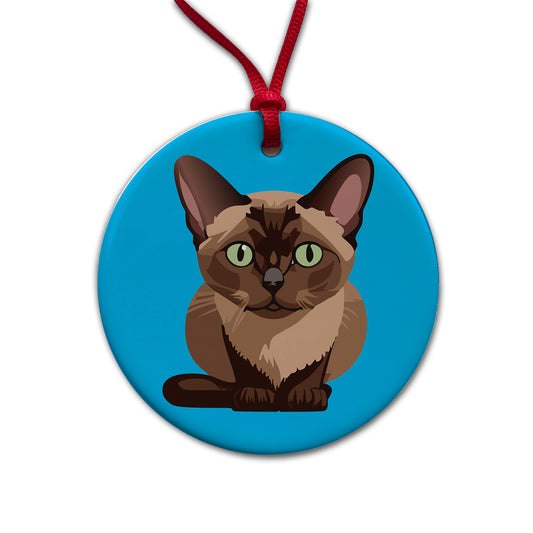Burmese Cat Crouched Round Ceramic Holiday Christmas Tree Ornament
