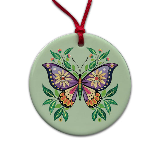Butterfly Floral Flowers Round Ceramic Holiday Christmas Tree Ornament