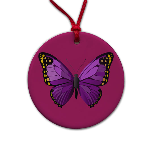 Butterfly Purple Round Ceramic Holiday Christmas Tree Ornament