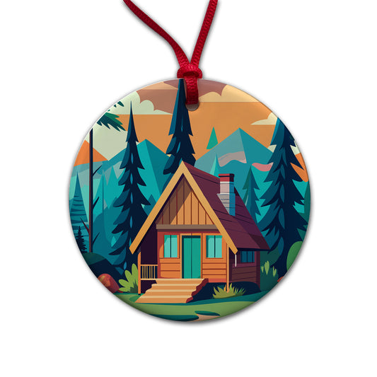 Cabin in the Forest Rustic Log Round Ceramic Holiday Christmas Tree Ornament