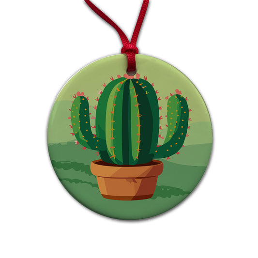 Cactus Green Round Ceramic Holiday Christmas Tree Ornament