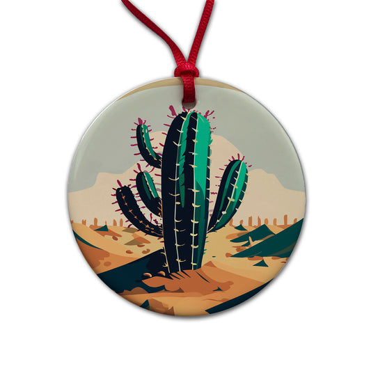 Cactus in the Desert Southwest Round Ceramic Holiday Christmas Tree Ornament